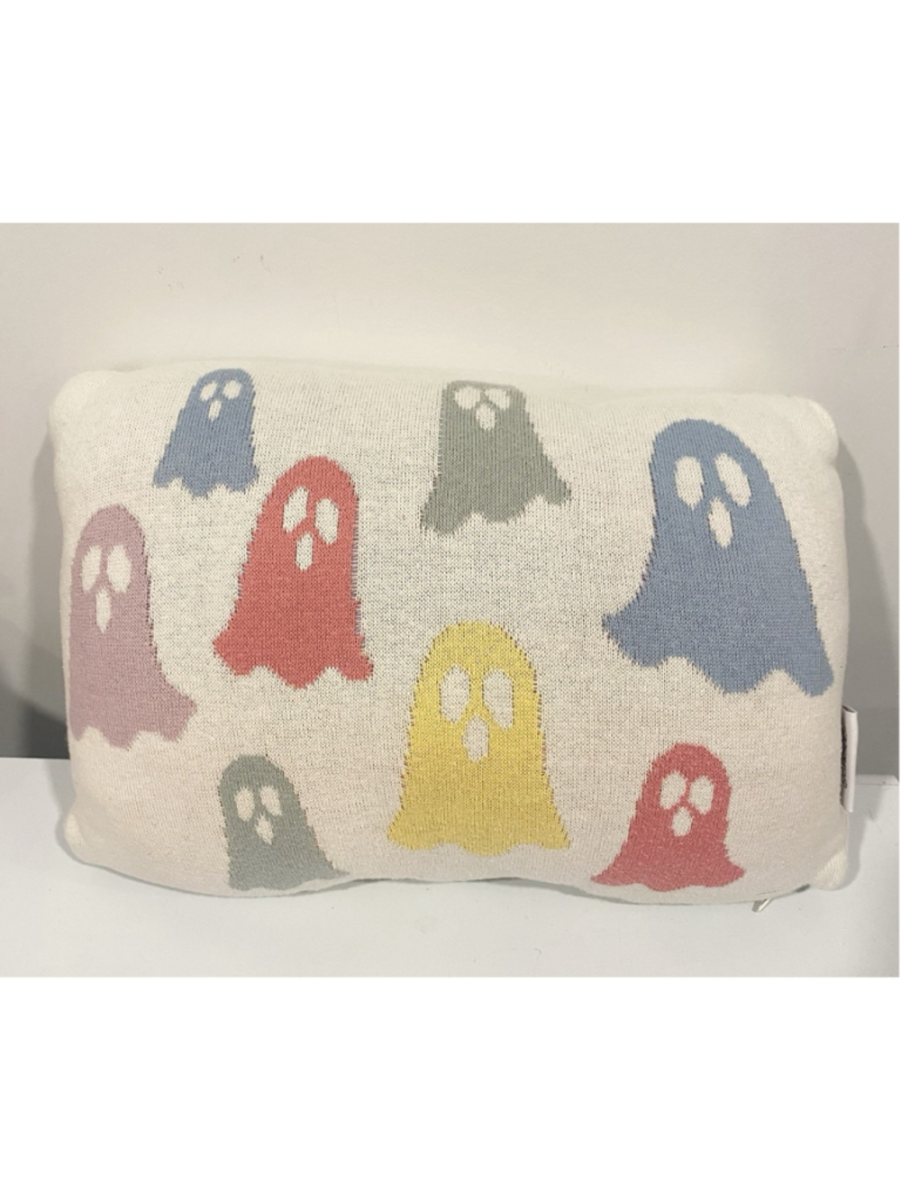 Goblin & Ghoul Halloween Ghost Knit Throw Pillow 14” Pastel Cotton Boho Decor